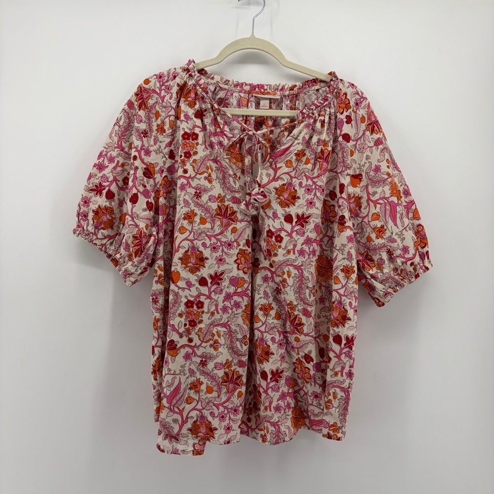 Knox Rose Womens XL Magenta Floral Puff Sleeve Boho Tassel Tie Neck Blouse